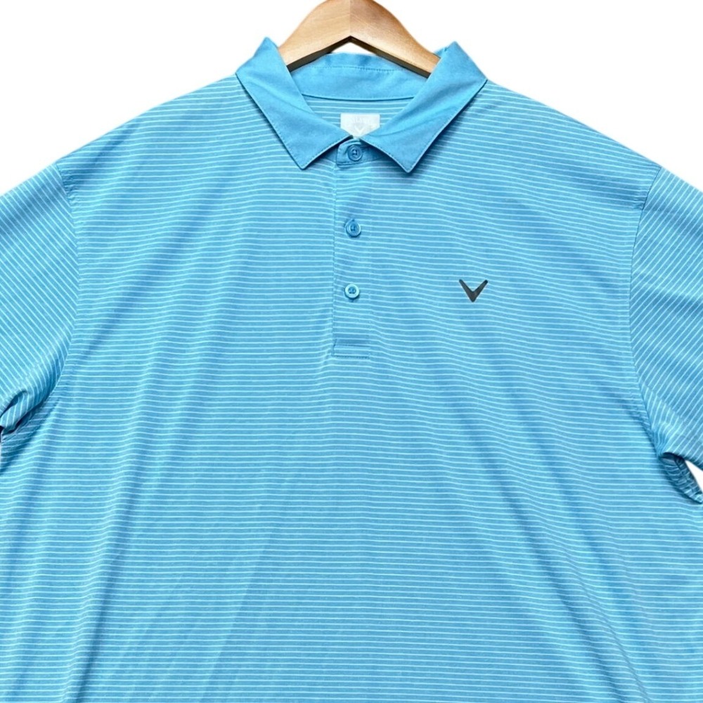 Callaway Polo Shirt Mens XL Blue Striped Short Sleeve 3 Button Placket Opti-Dri - Picture 2 of 9